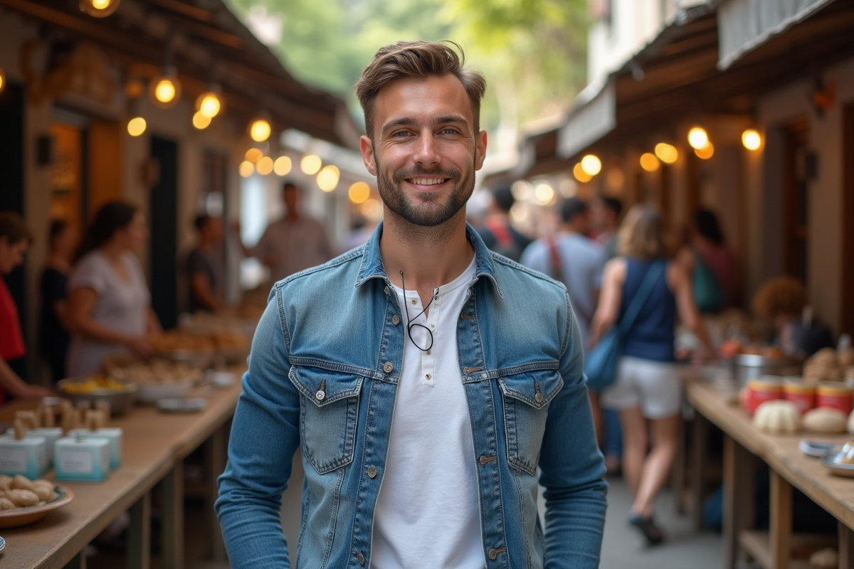 Jeune entrepreneur dans un marché local animé et authentique