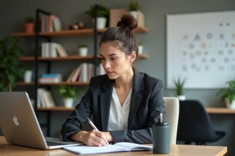 Jeune femme en bureau moderne travaillant sur son ordinateur