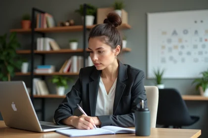 Jeune femme en bureau moderne travaillant sur son ordinateur
