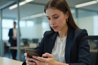 Jeune femme professionnelle regarde son smartphone au bureau