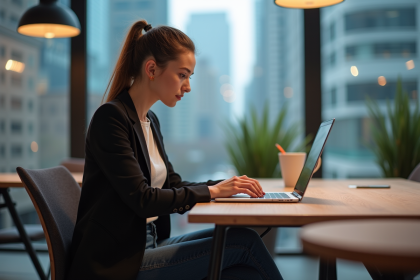 Jeune femme concentrée en coding dans un espace coworking moderne