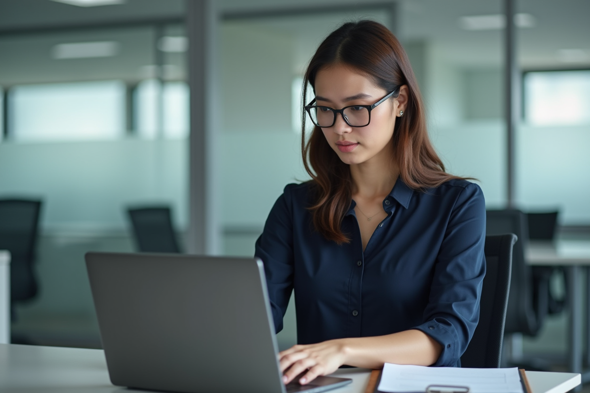 Jeune femme en bureau vérifiant des données sur son ordinateur