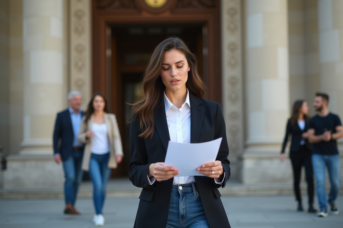 Jeune femme en costume devant un tribunal en extérieur