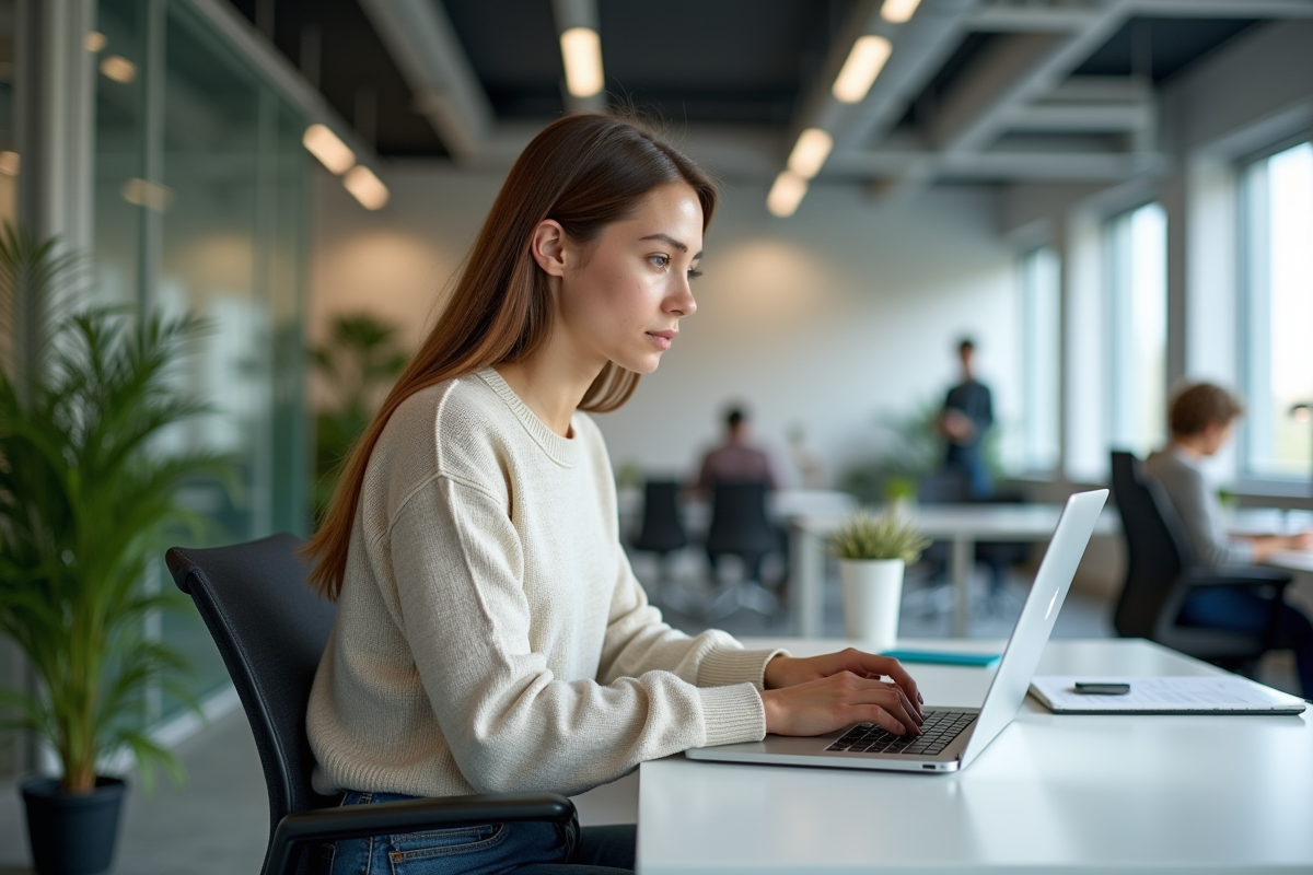 Jeune femme développeuse assise à son bureau en open space moderne