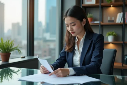 Jeune femme entrepreneure en costume dans un bureau moderne