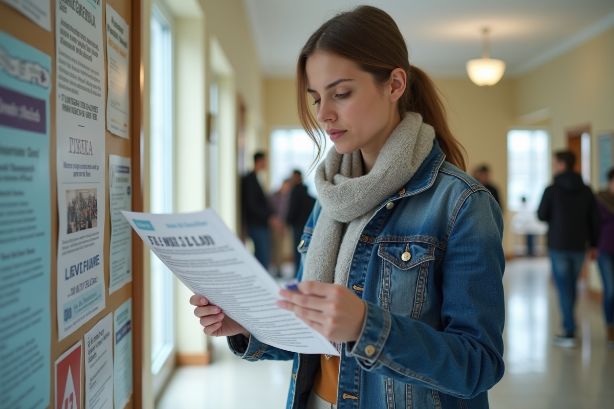 Jeune femme québécoise lisant un résumé de loi dans un centre communautaire