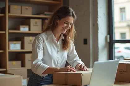 Jeune femme d'affaires préparant un colis dans son espace de travail