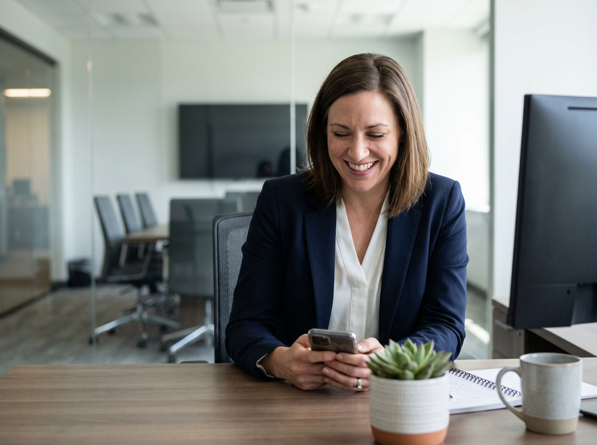 Femme professionnelle souriante utilisant son smartphone au bureau