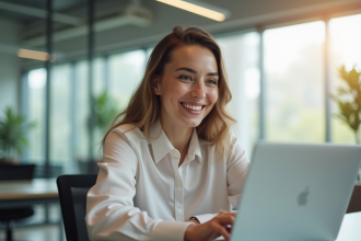 Jeune femme professionnelle souriante travaillant sur un ordinateur dans un bureau lumineux