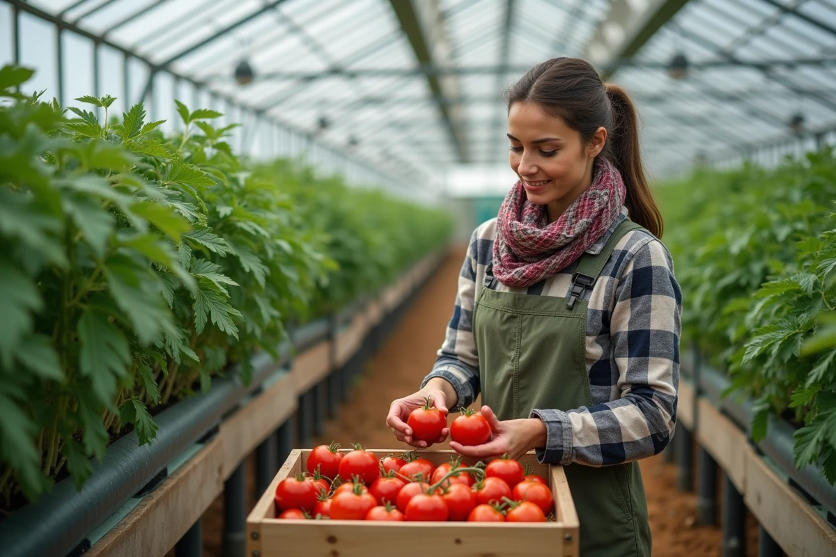 Jeune femme récoltant des tomates dans une serre
