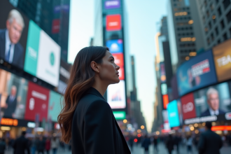 Jeune femme en costume dans une ville futuriste