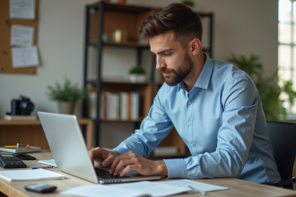 Jeune homme français concentré à son bureau à domicile