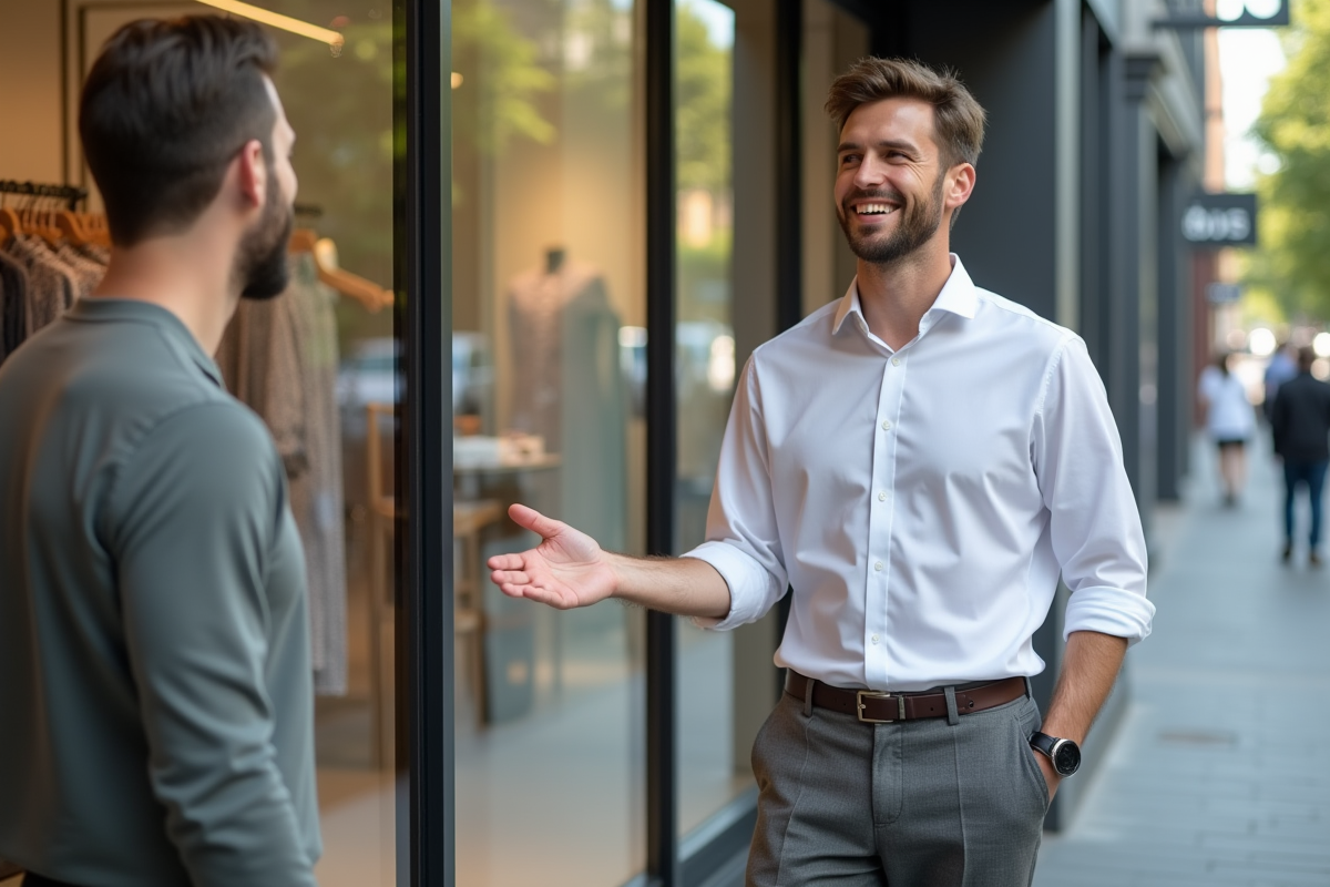 Jeune homme souriant devant une vitrine de magasin moderne
