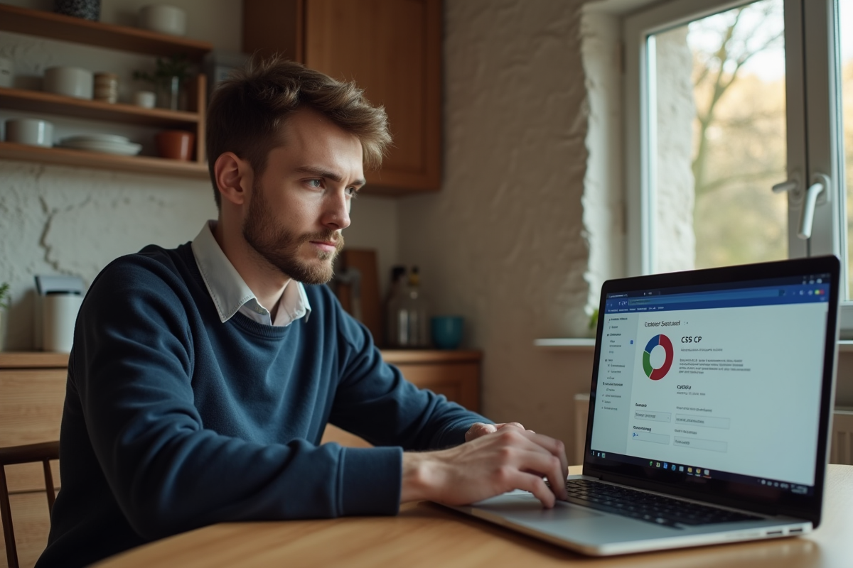 Jeune homme utilisant un ordinateur portable dans la cuisine