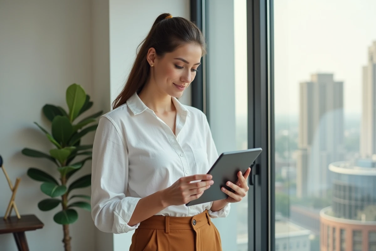 Jeune infopreneure consultant une interface d'automatisation marketing IA sur tablette dans un appartement moderne