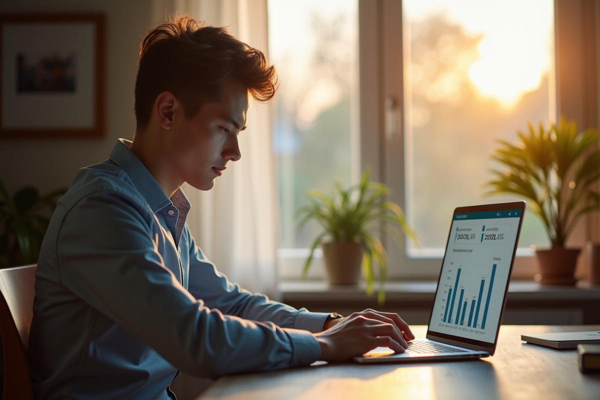Jeune professionnel vérifiant son salaire en ligne dans un bureau cosy