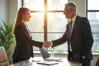 Jeune professionnel confiant serrant la main d'un agent immobilier dans un bureau lumineux