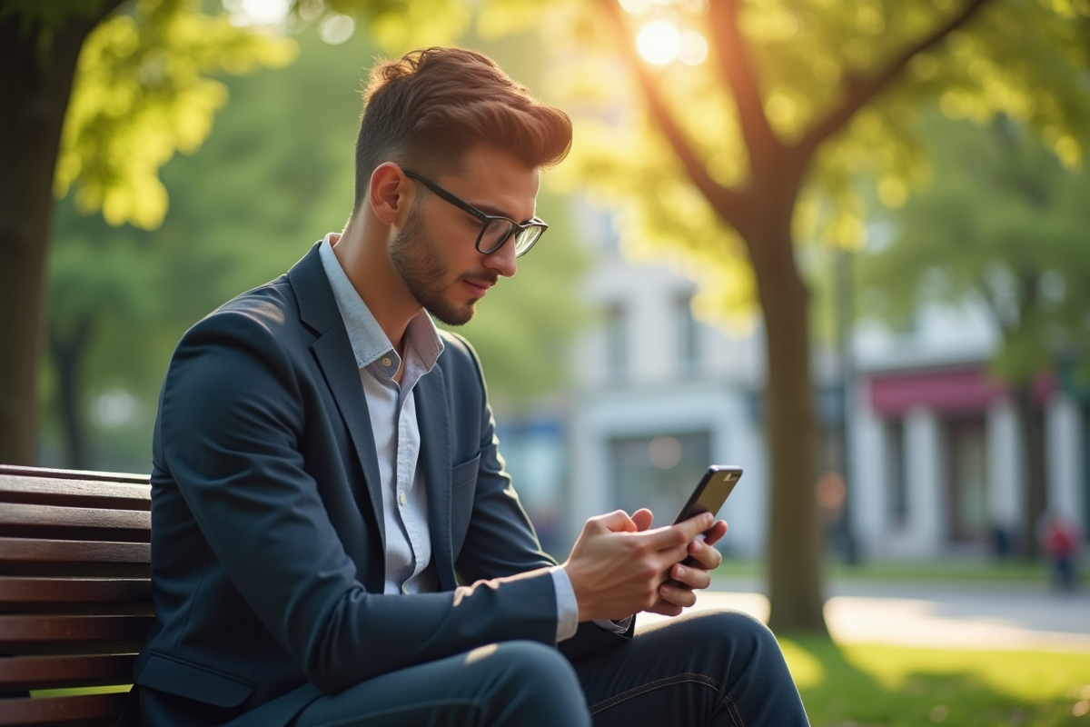 Jeune professionnel assis sur un banc dans un parc avec son smartphone