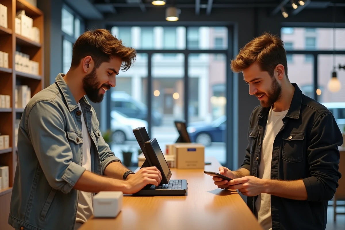 Deux jeunes hommes dans un magasin en train de collaborer