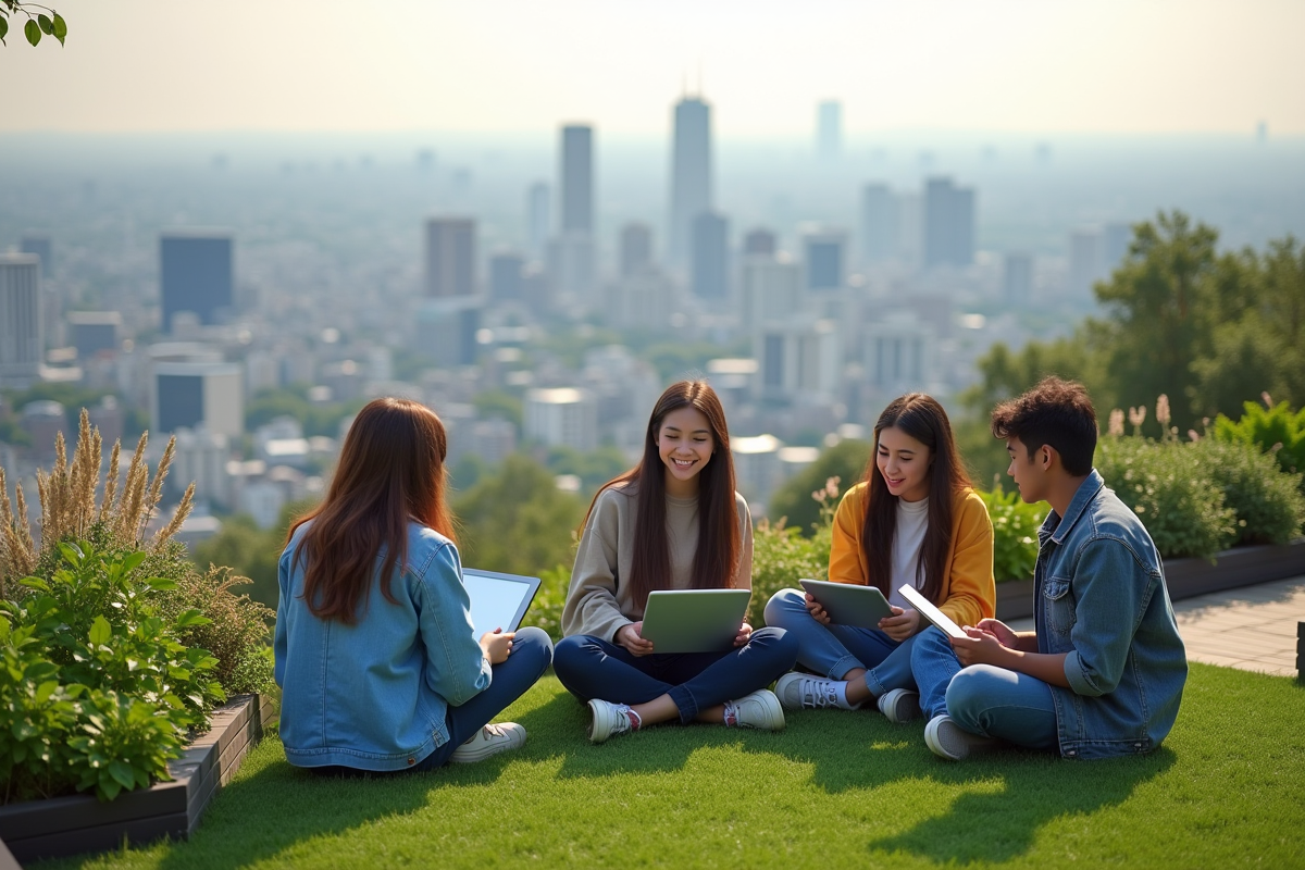 Groupe d adolescents discutant sur un toit vert