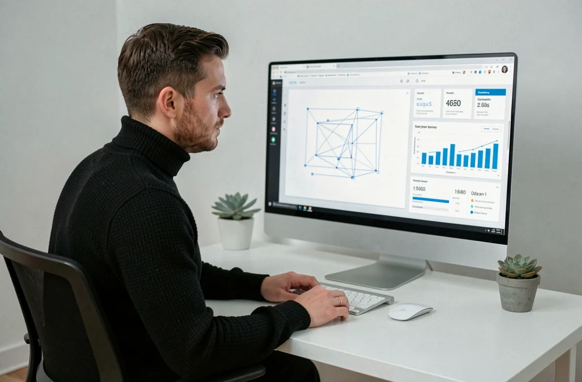 Designer web de Jloo travaillant sur une maquette de site optimisée SEO dans un studio minimaliste