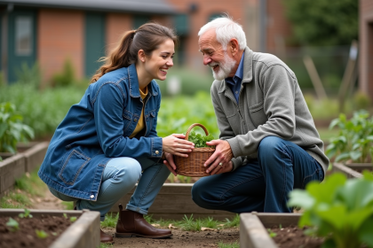 Jeune femme en bleu offrant un panier de légumes à un homme âgé dans un jardin