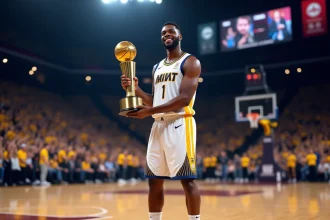 Joueur de basketball tenant le trophée MVP après une victoire en championnat, souriant devant une salle comble