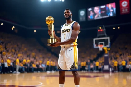 Joueur de basketball tenant le trophée MVP après une victoire en championnat, souriant devant une salle comble