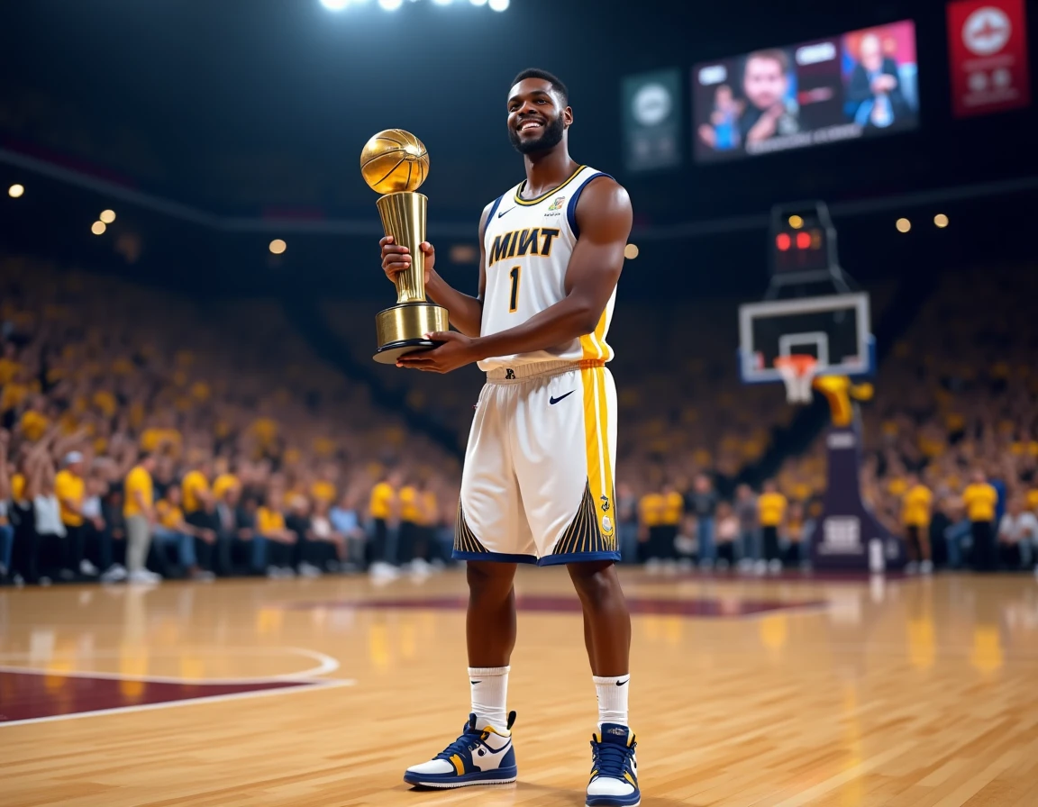 Joueur de basketball tenant le trophée MVP après une victoire en championnat, souriant devant une salle comble