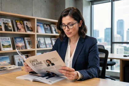 Journaliste professionnelle consultant un magazine de presse business dans un bureau éditorial moderne en 2026