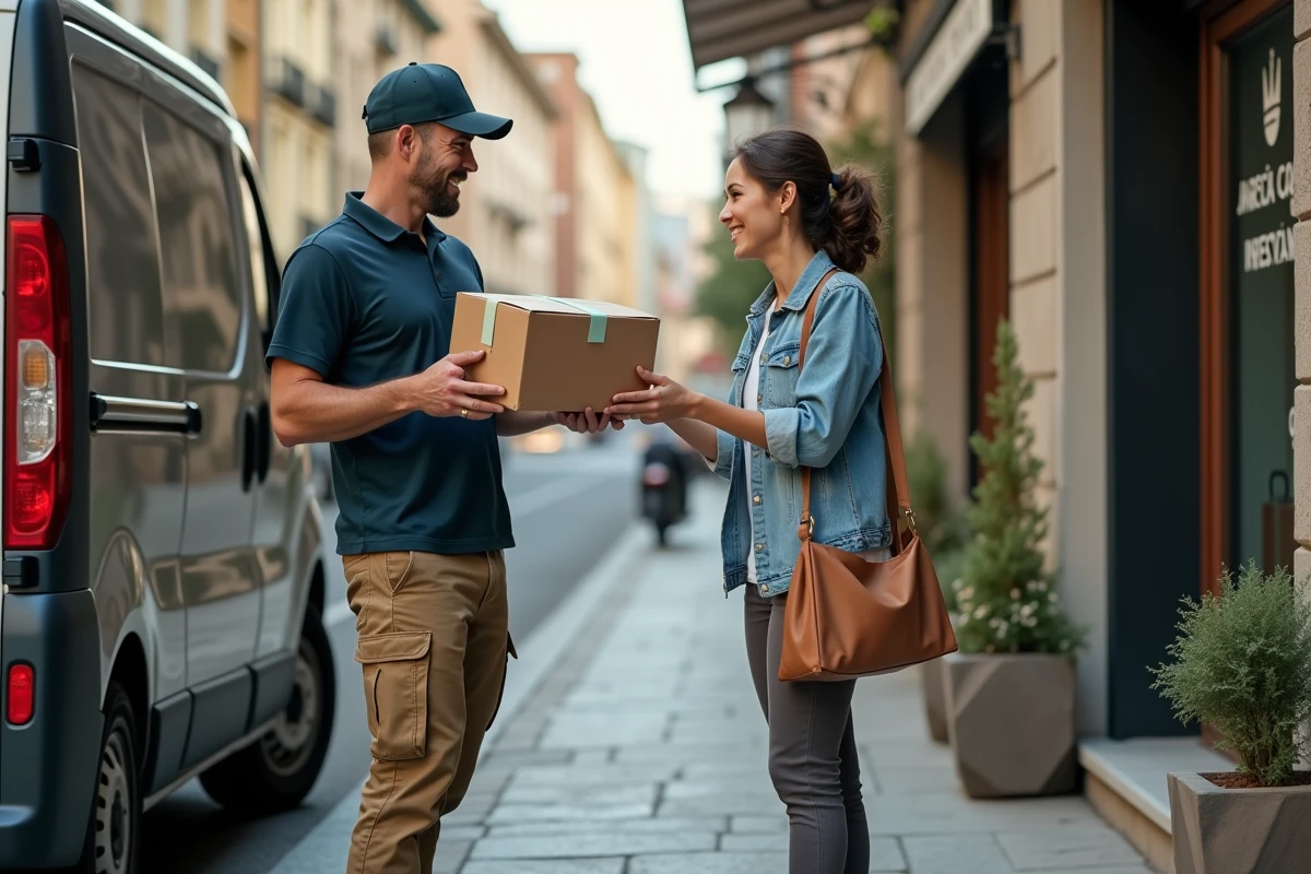 Livreur remettant un colis à une commerçante devant sa boutique