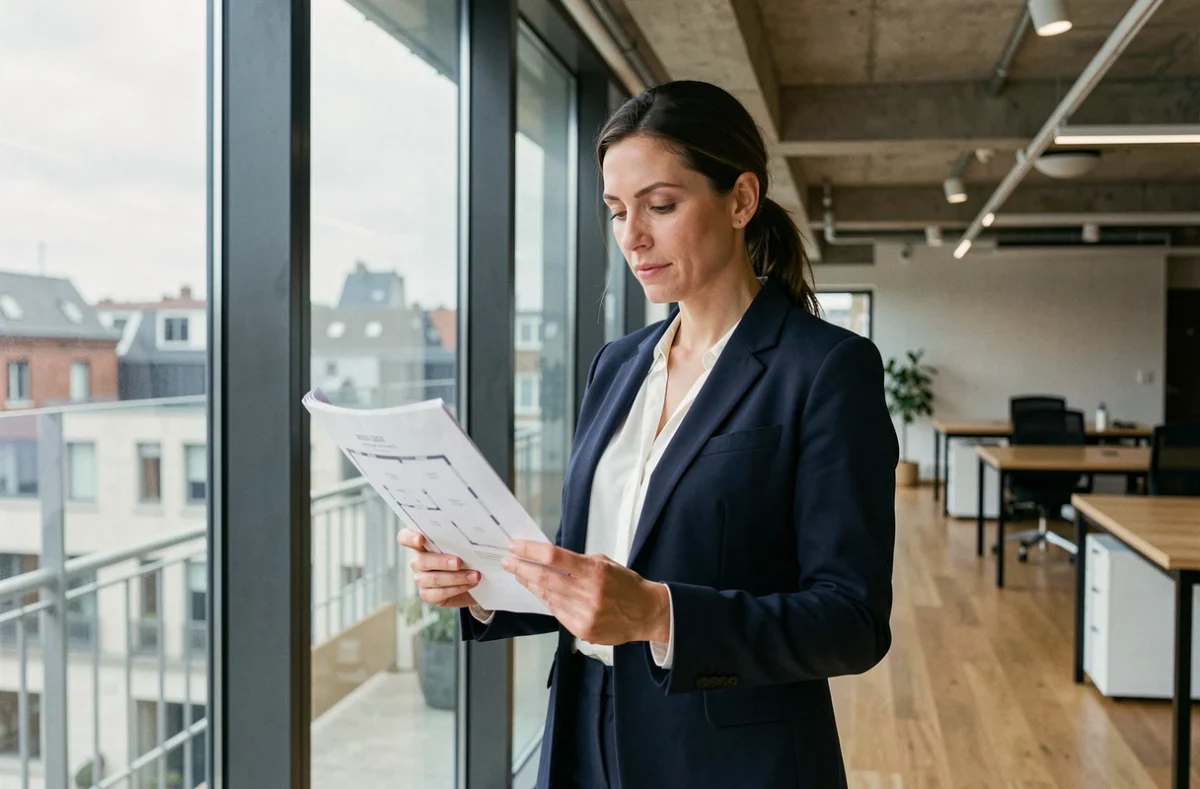 Femme professionnelle examinant des plans de bureaux à louer dans un espace moderne à Lille