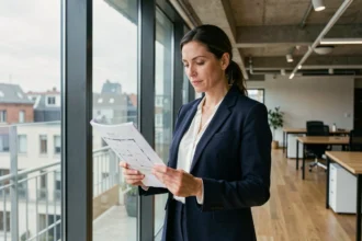Femme professionnelle examinant des plans de bureaux à louer dans un espace moderne à Lille