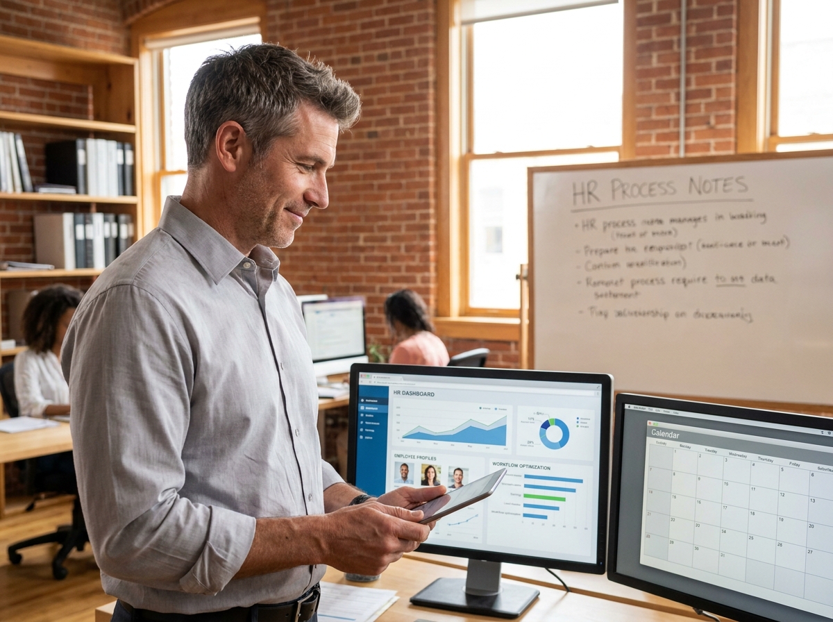 Manager utilisant un logiciel RH sur tablette pour simplifier la gestion administrative des collaborateurs intérimaires