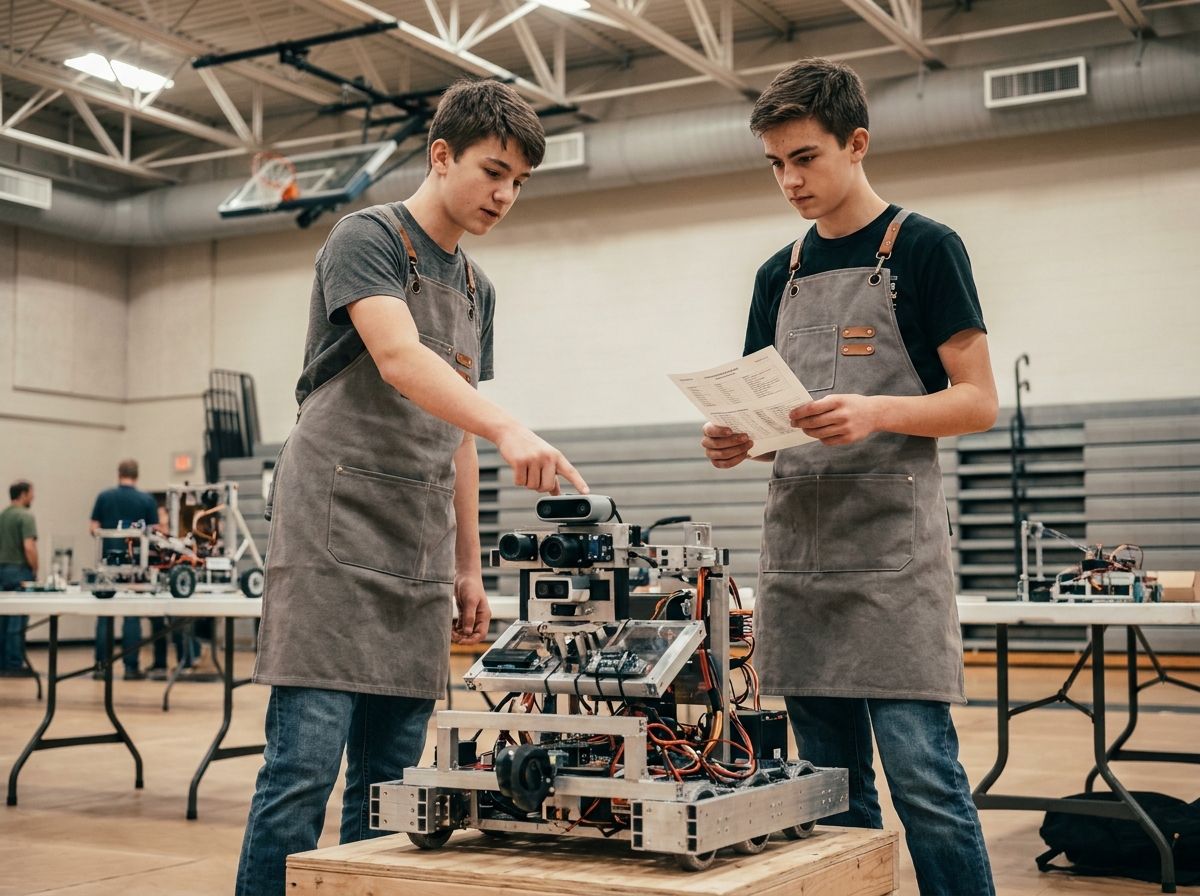 Deux lycéens présentant leur robot autonome lors d'une exposition scolaire de robotique éducative