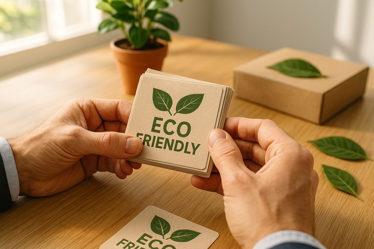 Mains d'un entrepreneur tenant des stickers écologiques recyclés