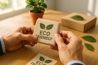 Mains d'un entrepreneur tenant des stickers écologiques recyclés