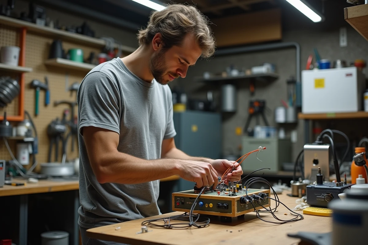 Maker français assemblant un appareil fonctionnel à partir de composants recyclés dans un fablab, symbole du jugaad à la française