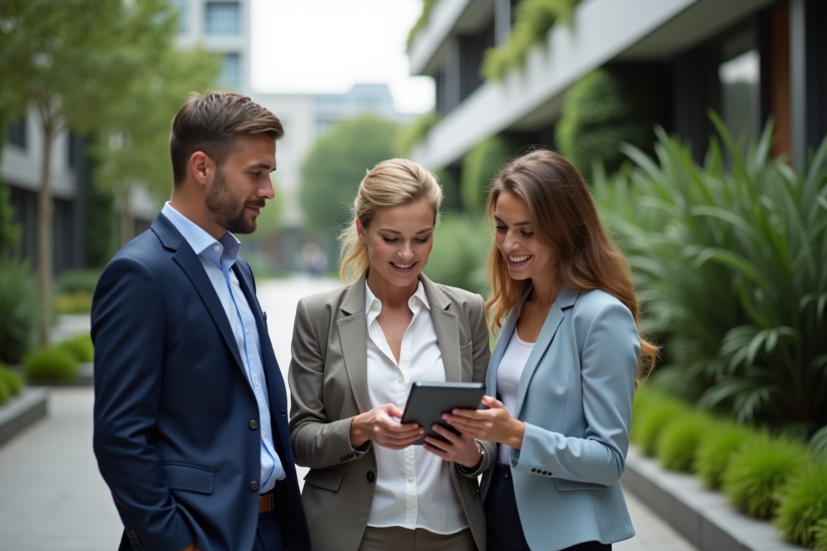 Manager avec collègues devant un bâtiment écologique