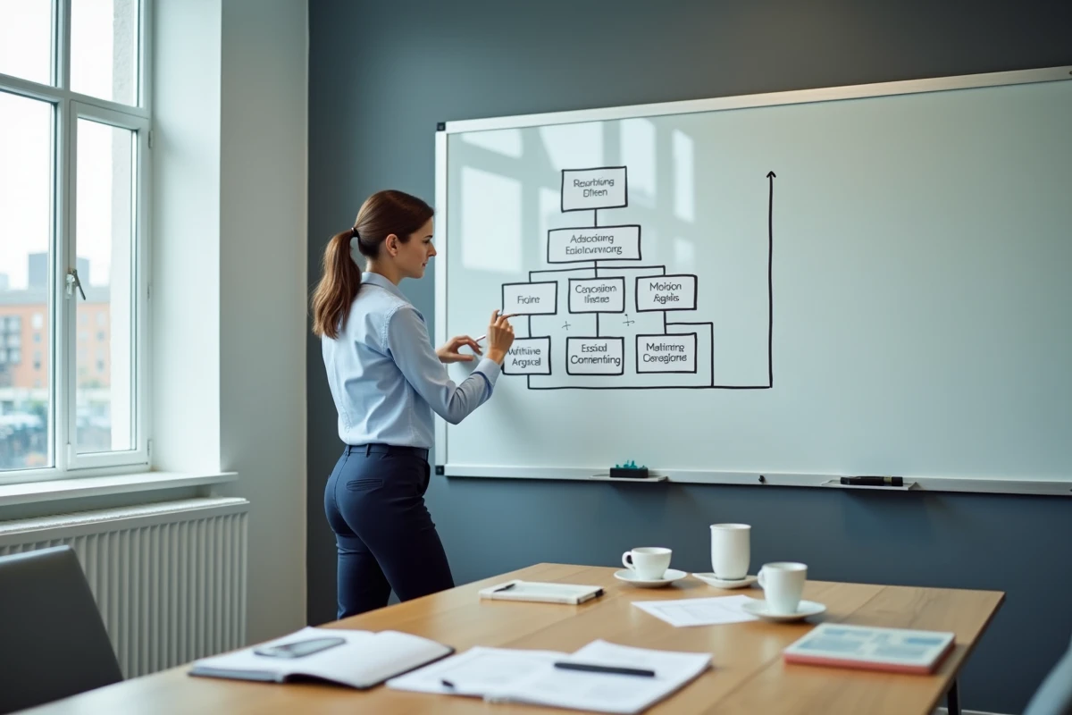 Femme manager présentant un organigramme pyramidal sur tableau blanc lors d'une réunion sur la progression de carrière et la loi de Peters