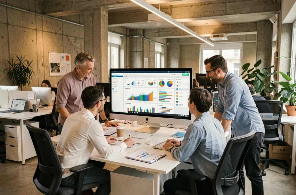 Équipe d'une agence SEO à Lyon travaillant sur des tableaux de bord d'analyse en open space moderne