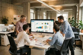 Équipe d'une agence SEO à Lyon travaillant sur des tableaux de bord d'analyse en open space moderne