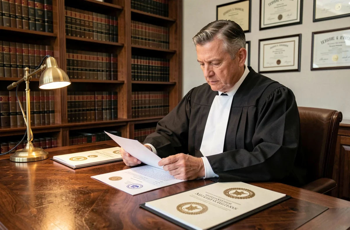Notaire en robe officielle examinant des documents avec sceau emblématique dans son étude traditionnelle