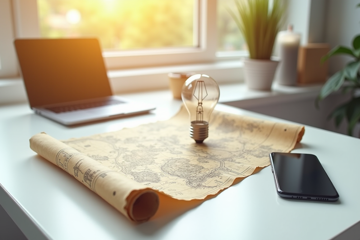 Objets sur un bureau lumineux avec carte ancienne et smartphone