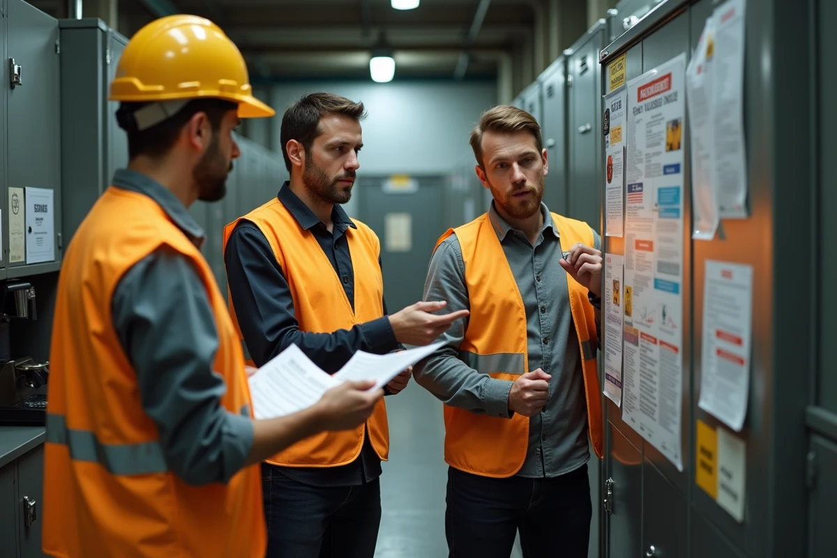 Employés de Dassault consultant une affiche sur les œuvres sociales et aides du CSE dans une salle de pause industrielle