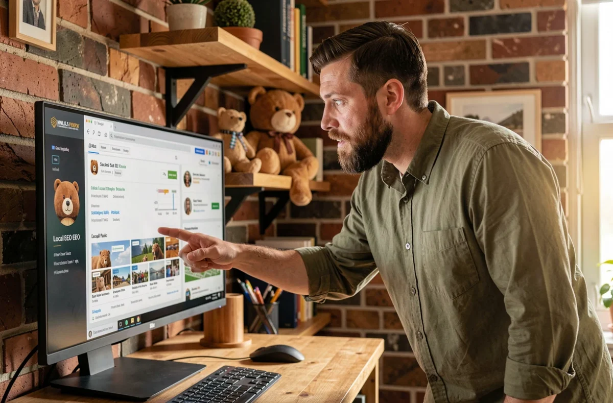 Consultant SEO d'Ourscom montrant des résultats de référencement local sur un écran dans son espace de travail