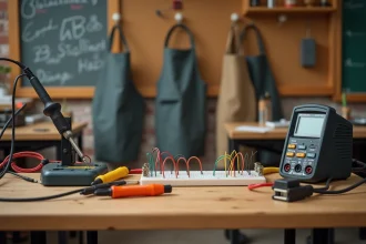 Établi d'atelier éducatif avec outils électroniques organisés : multimètre, fer à souder, breadboard et pinces pour formation associative