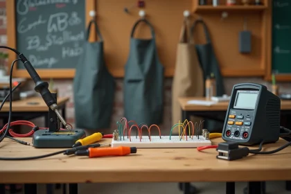 Établi d'atelier éducatif avec outils électroniques organisés : multimètre, fer à souder, breadboard et pinces pour formation associative