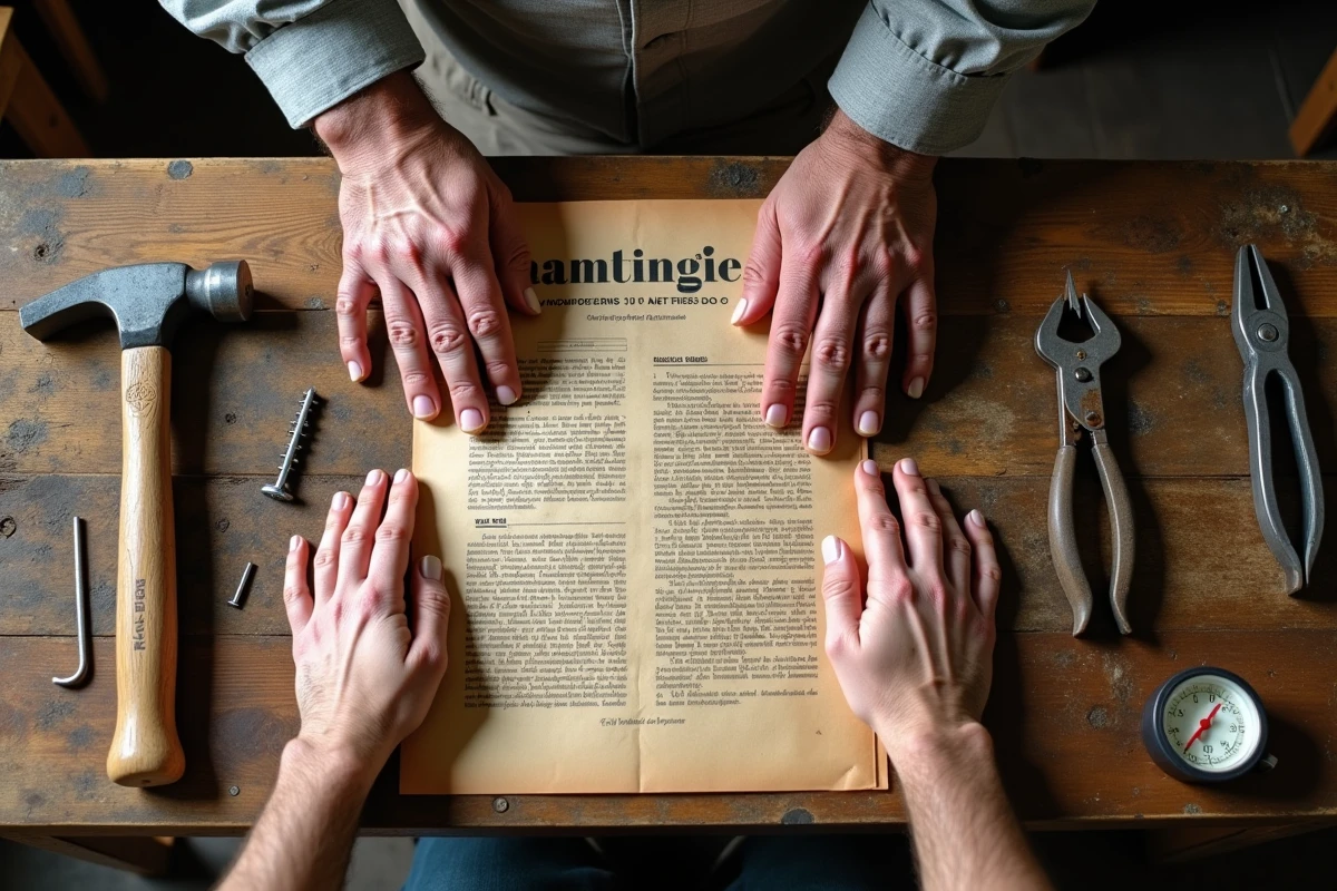 Vue rapprochée d'outils anciens et d'un catalogue de quincaillerie français posés sur un établi usé, illustrant l'histoire artisanale et les origines de Leroy Merlin dans le Nord de la France