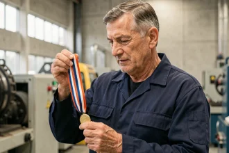 Ouvrier tenant une médaille du Travail dorée personnalisée avec ruban tricolore dans une usine moderne